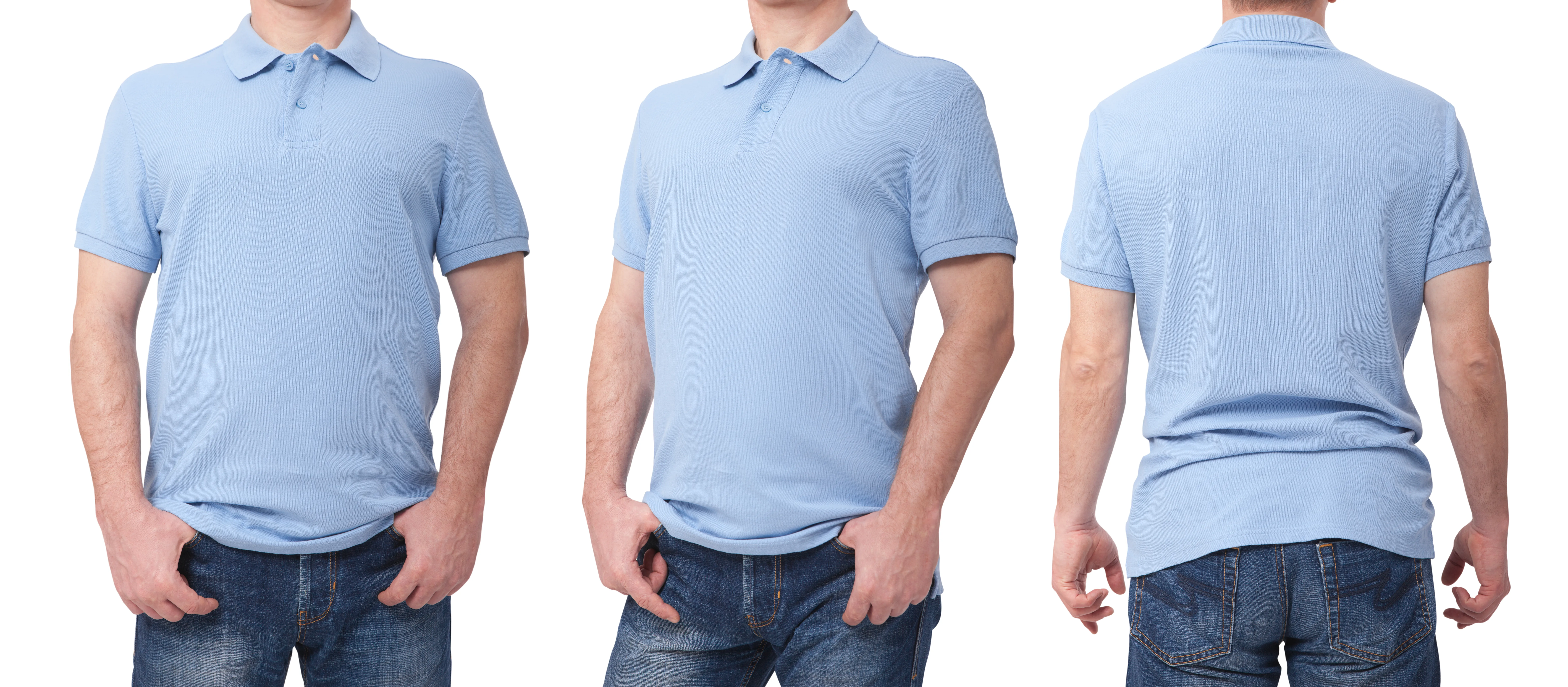 Hombre en tres posiciones mostrando una playera tipo polo color azul cielo