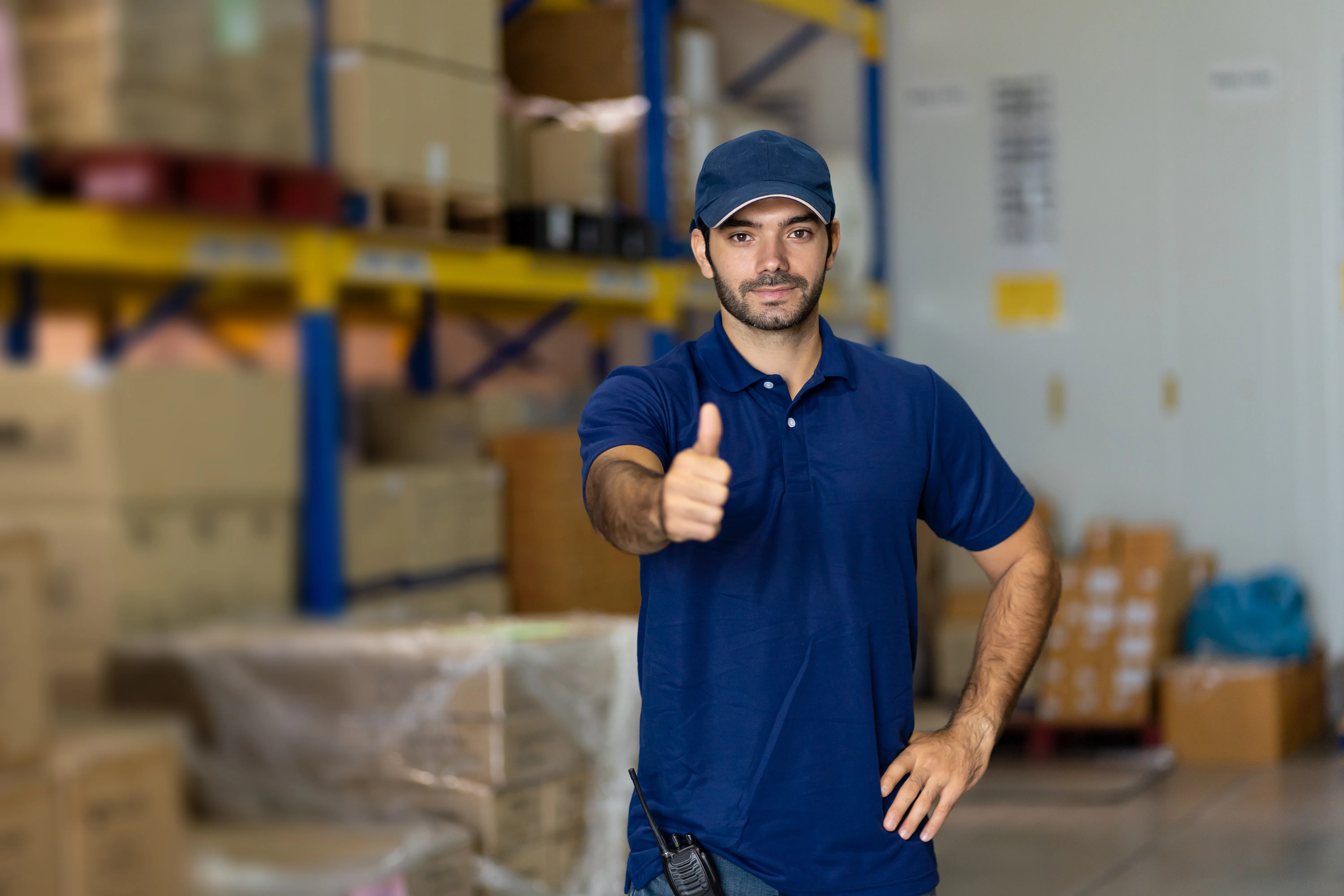 Hombre joven con playera tipo polo color azul marino en almacén. Estas playeras son aptas para usarse en estos lugares.