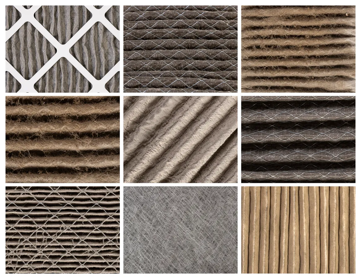 Fotografías macro de filtros de aire polvorientos, que enfatizan las partículas recolectadas y la estructura de la fibra