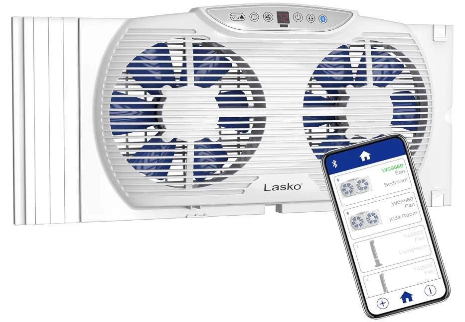 Lasko W09560 - Ventilador de ventana doble de 9 pulgadas con Bluetooth