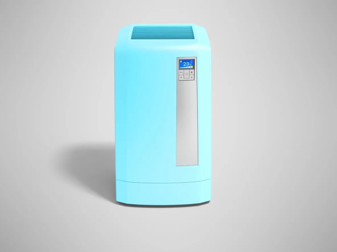 moderno aire acondicionado portátil para exteriores de color azul sobre fondo gris con sombras.