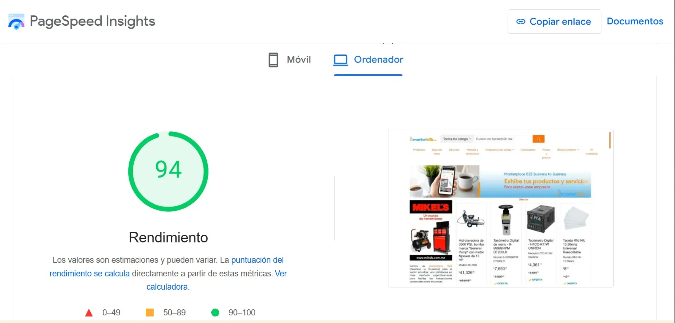 Un rendimiento de 94 en google insights