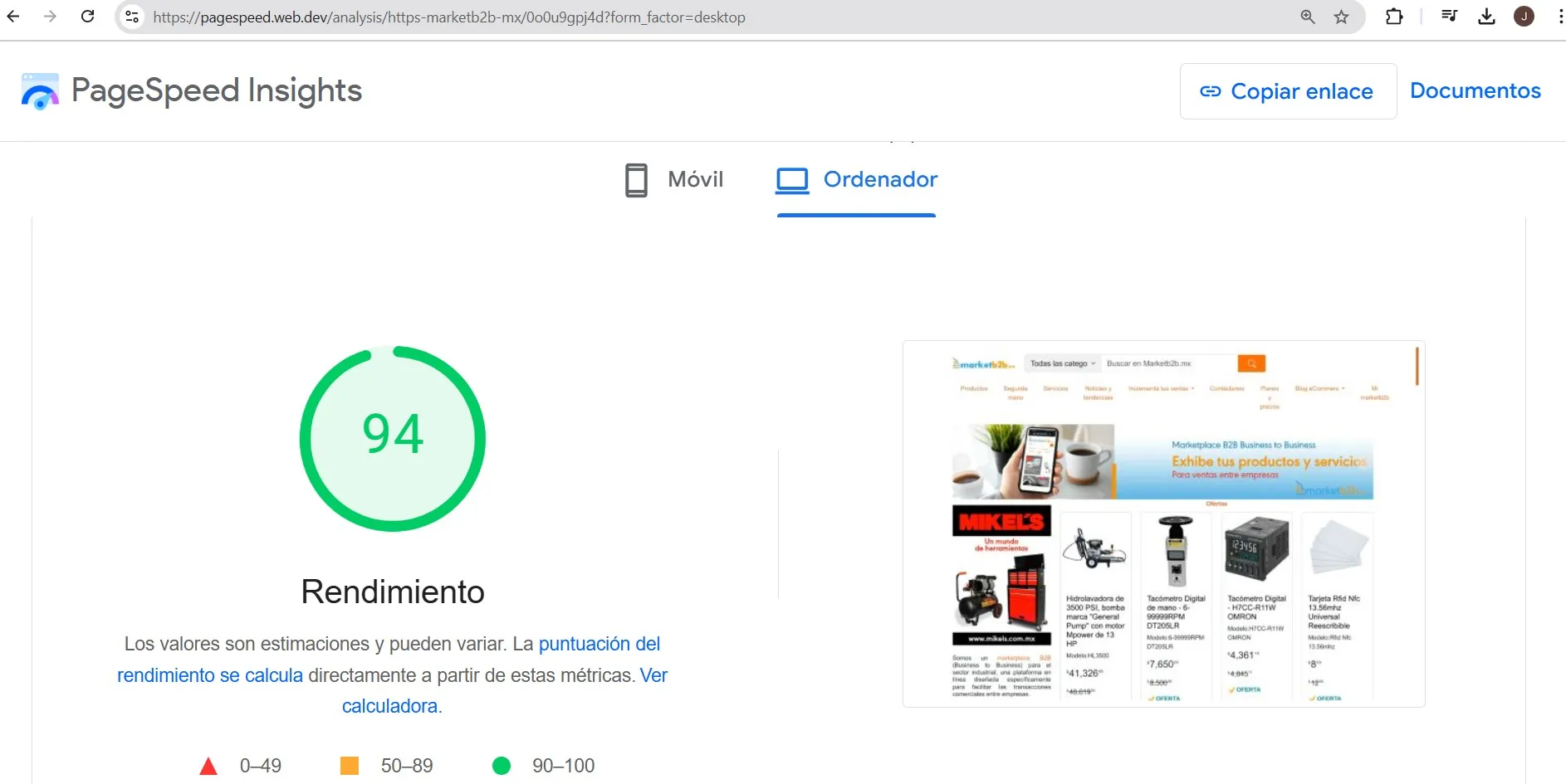 Un rendimiento de 94 en google insights