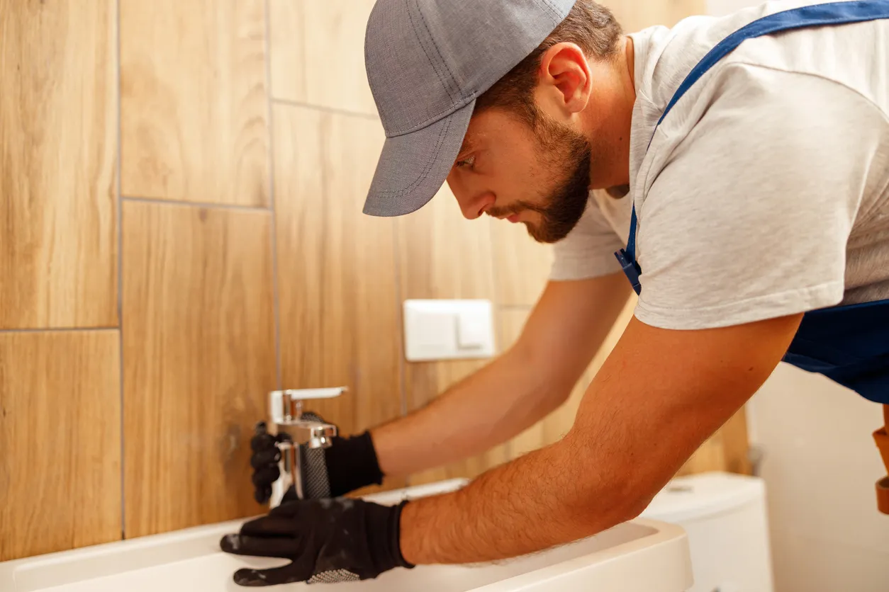 Plomero masculino en uniforme instalando grifo o llave de baño en lavabo