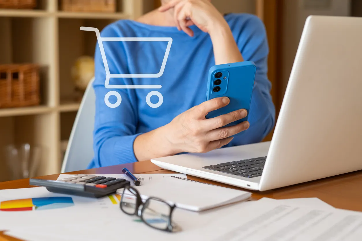 Mujer frente a laptop con celular en mano  y un gráfico de un carrito de supermercado, representando la venta en linea