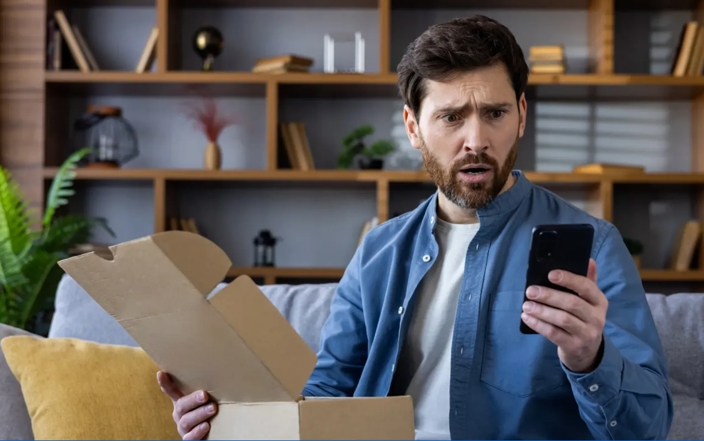 Un señor viendo su celular y con su otra mano agarrando su caja 