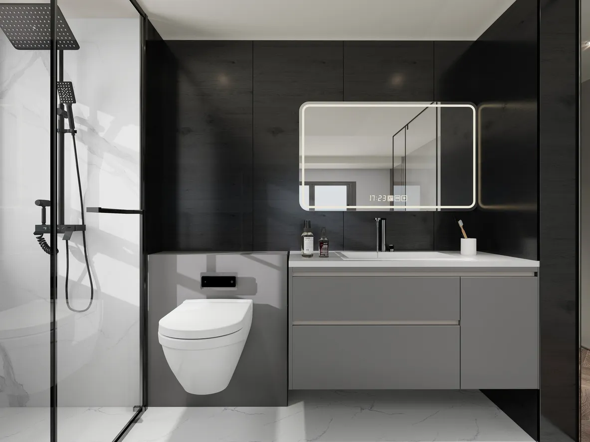 Baño con espejo alargado con luz led