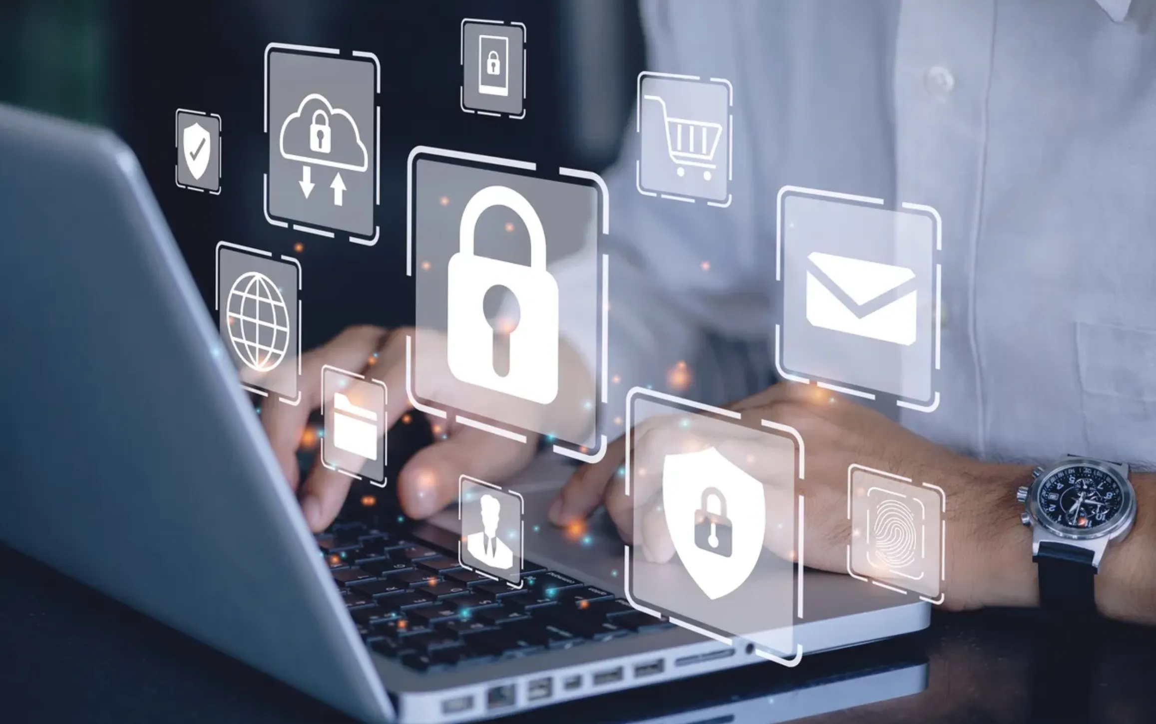 Una computadora proyectando candados de seguridad, 