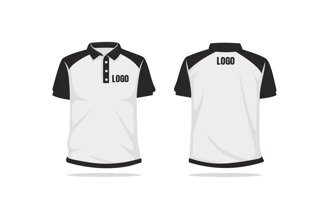 Vista frontal y posterior de una playera polo combinada en blanco y azul con manga corta 