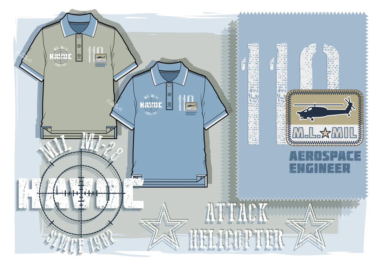 Camisa de polo de adorno. Conjunto compuesto por chevron, bordados y estampados