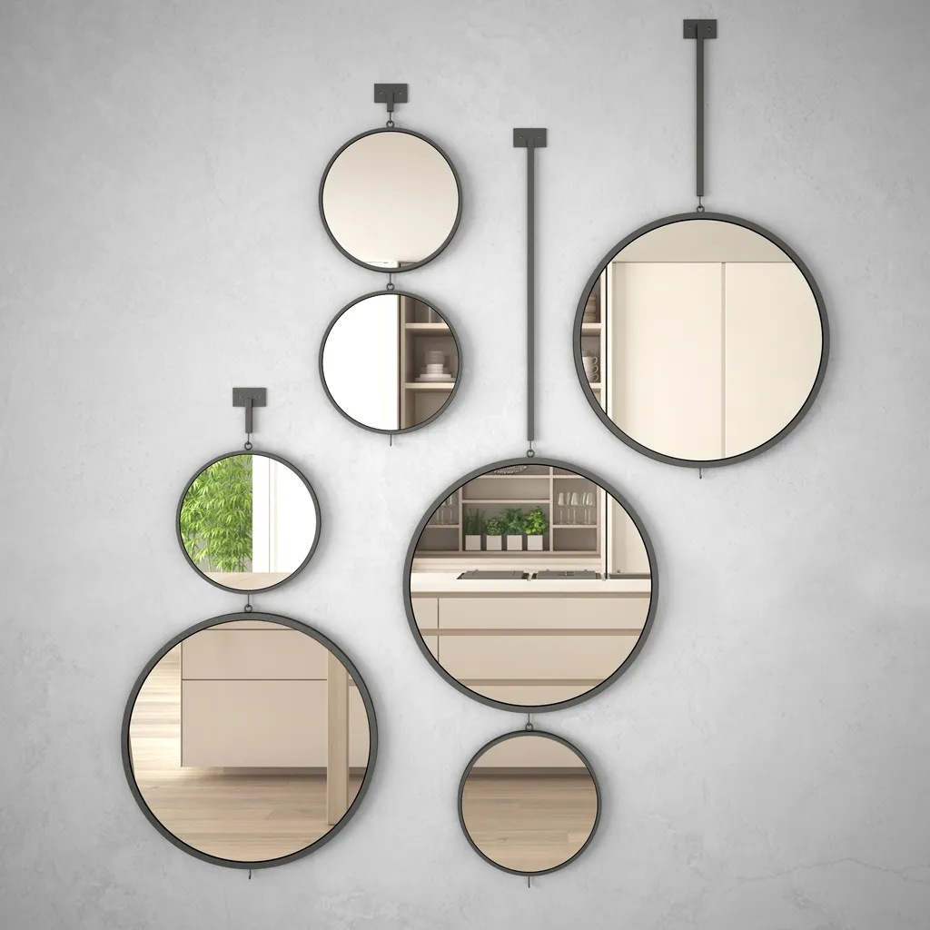 Espejos redondos colgados en la pared que reflejan la escena del diseño interior, cocina minimalista blanca y de madera