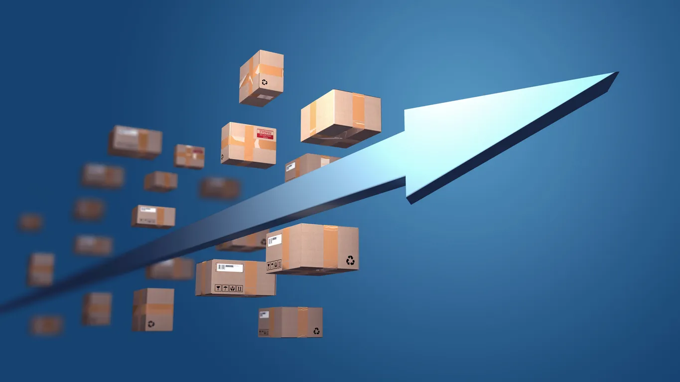 Flecha ascendente con cajas rodeando, simulando que las ventas van en aumento