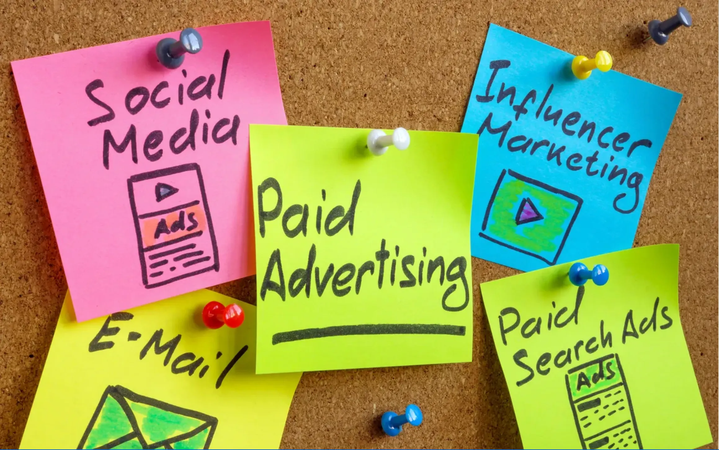 pizarrón con diferentes estrategias de marketing