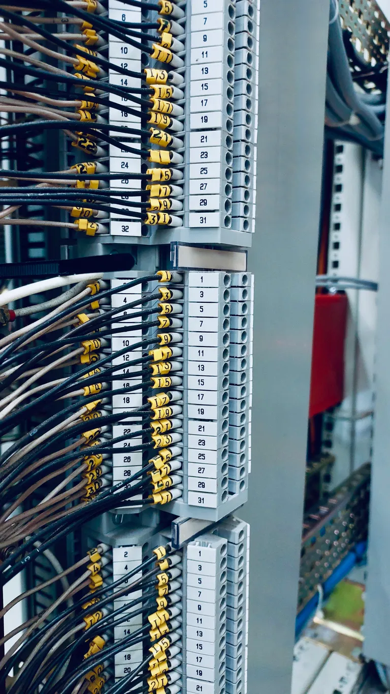 Panel de control eléctrico industrial con bloques de terminales, cables perfectamente dispuestos, placas de circuito 