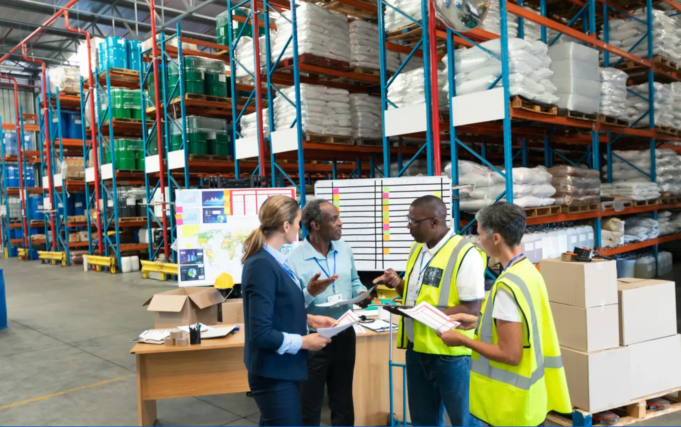 empleados de un almacén conversando con sus superiores