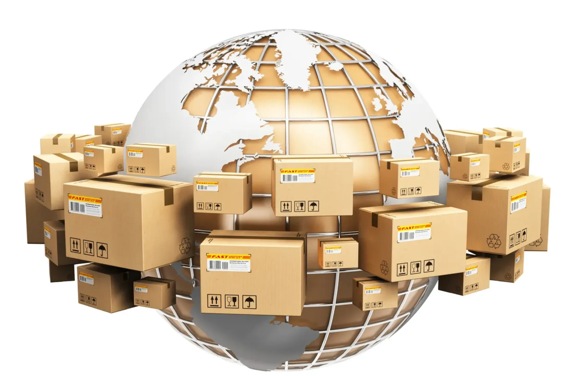 Cajas rodeando una imagen de el mundo dorado en los continentes