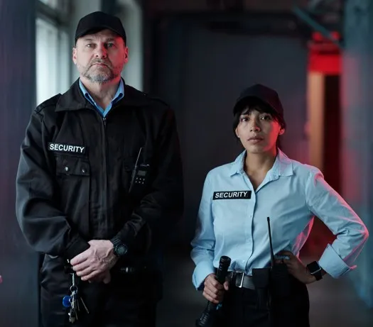 Hombre y mujer de seguridad privada con sus uniformes 