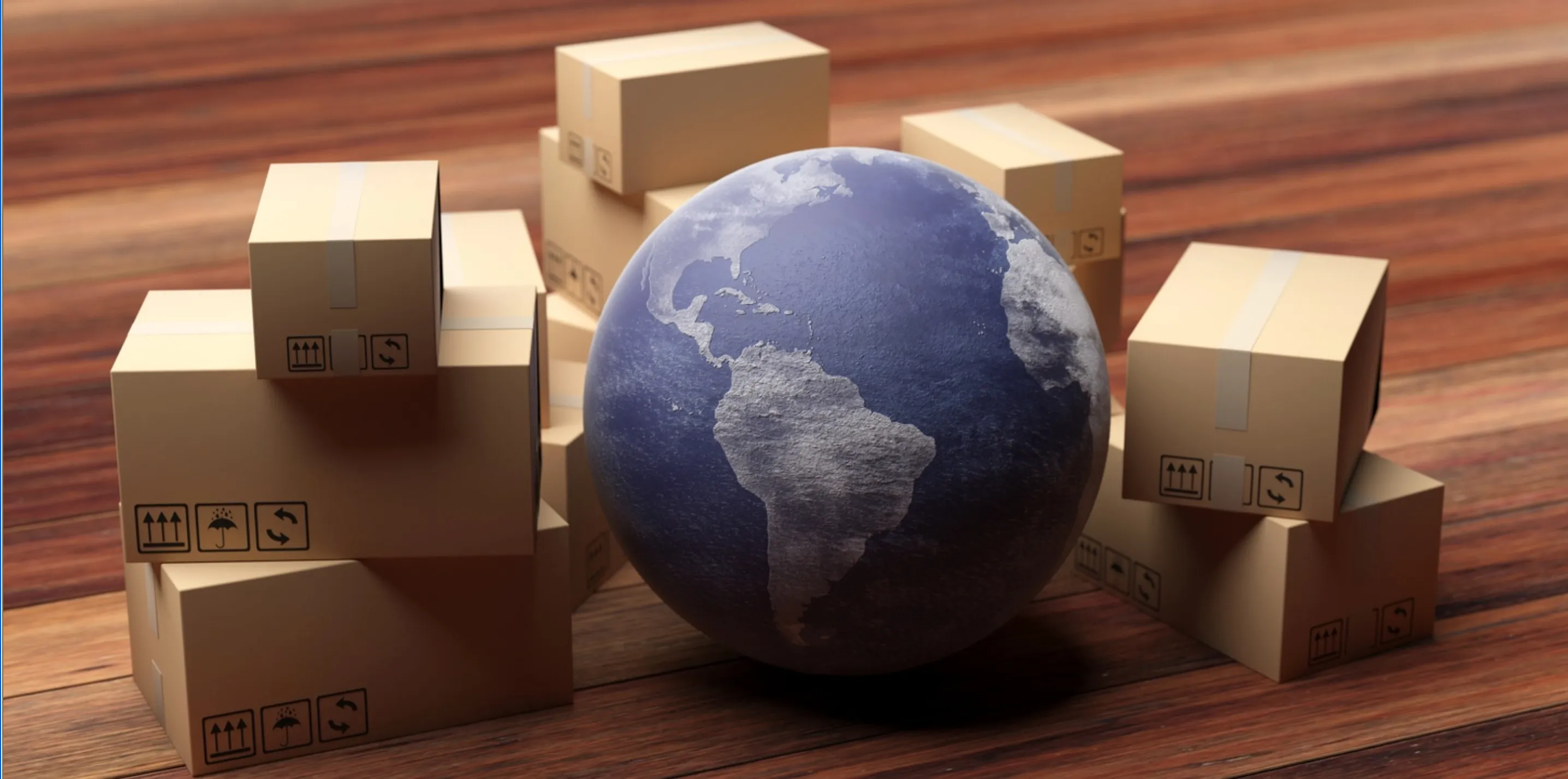 Cajas rodeando una imagen de el mundo
