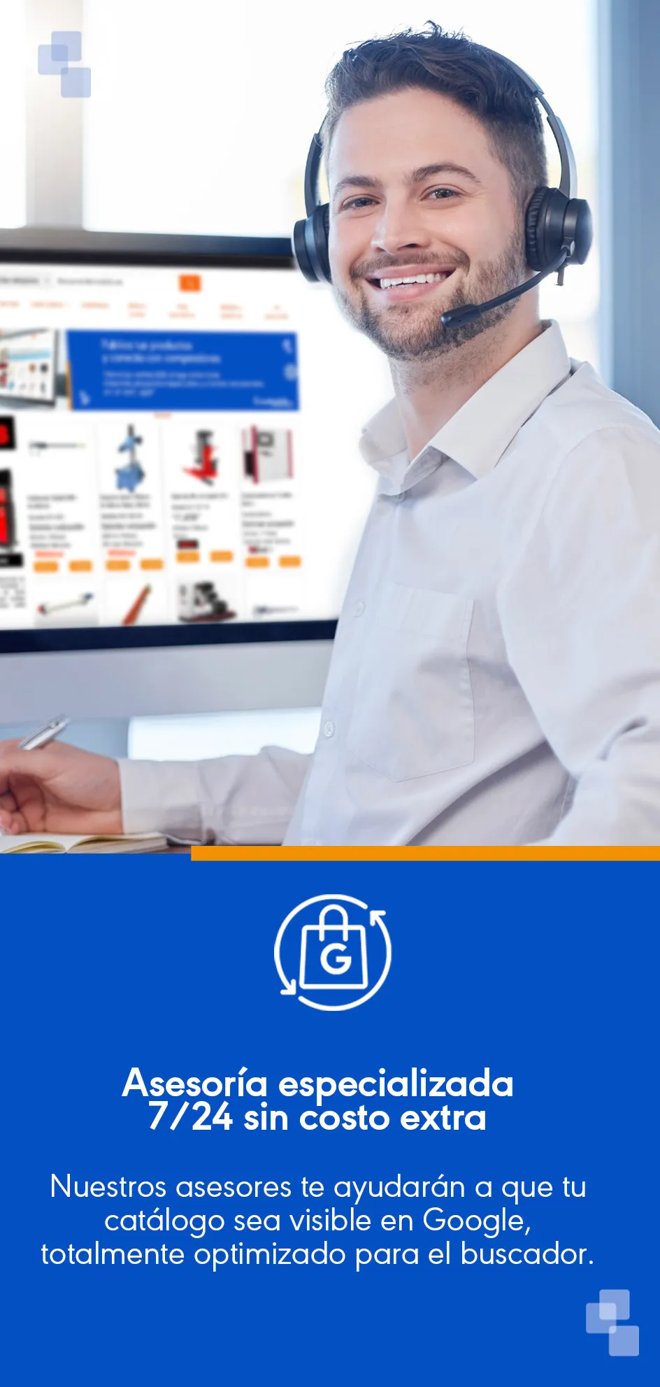 Persona dando soporte a los usuarios del marketplace Marketb2b en donde encontrarás productos para tu negocio