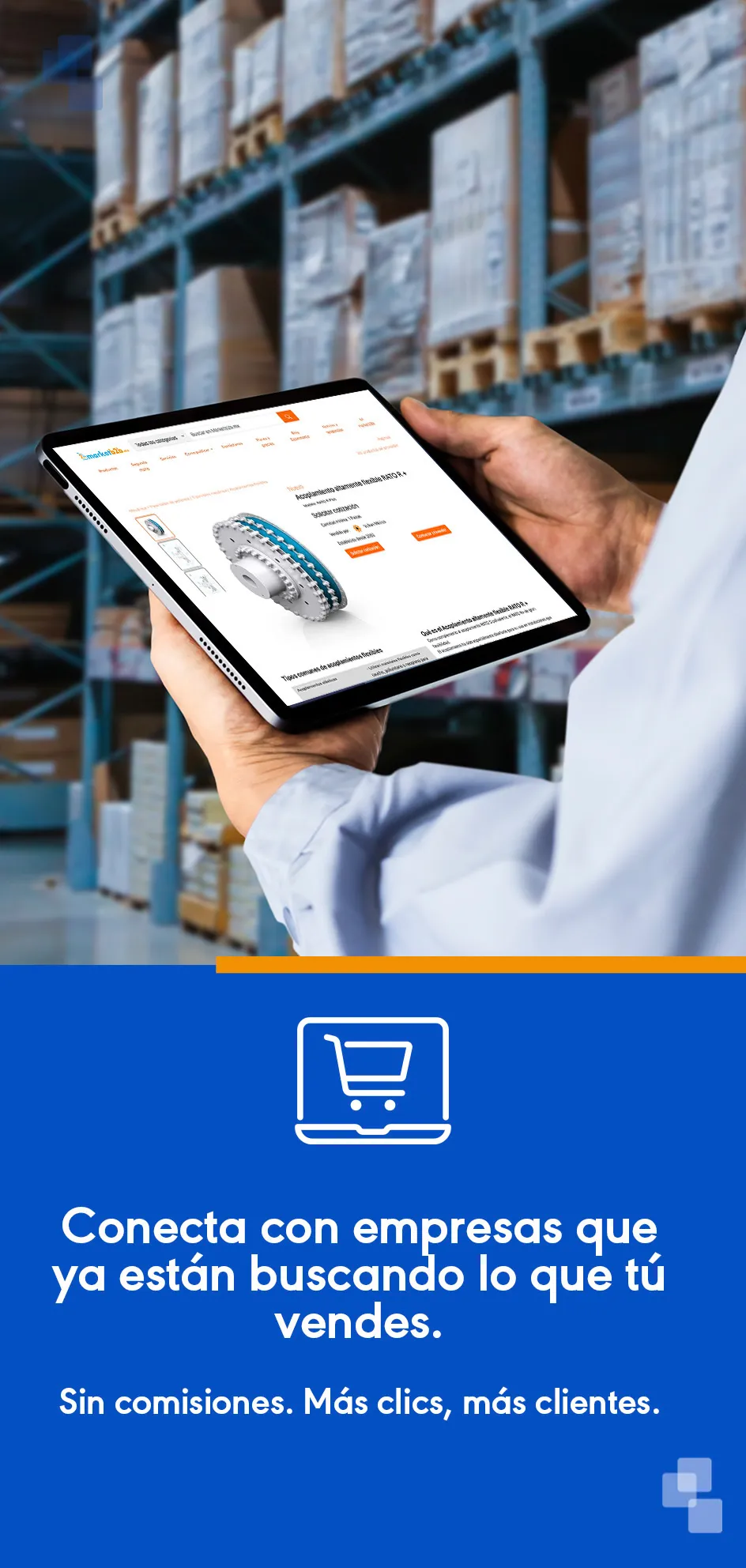 Hombre con tableta revisando el marketplace marketb2b para encontrar proveedores para los productos que necesita