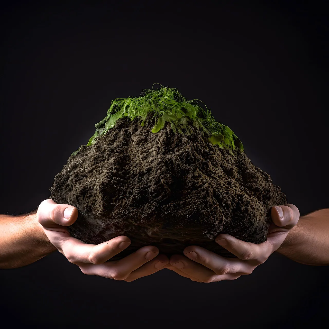 Se muestran un par de manos sosteniendo una gran cantidad de tierra con vegetación en la parte superior