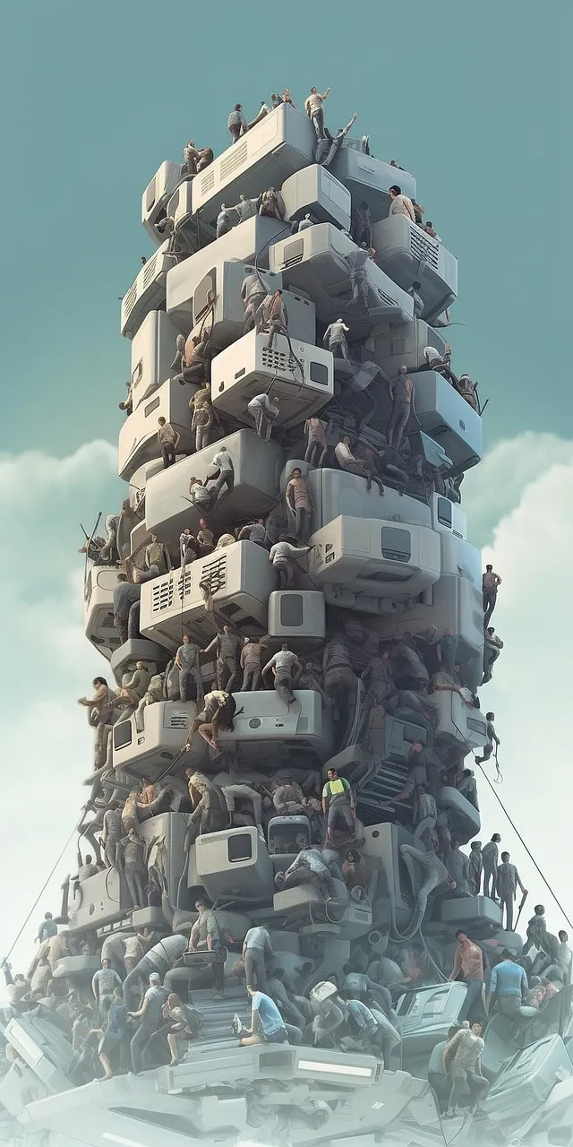 Imagen generada con AI es una torre de computadoras. Es una critica al uso excesivo de equipos electrónicos