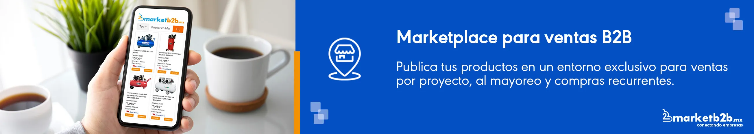 Mano sosteniendo equipo celular mostrando los productos que se pueden encontrar en el marketplace marketb2b