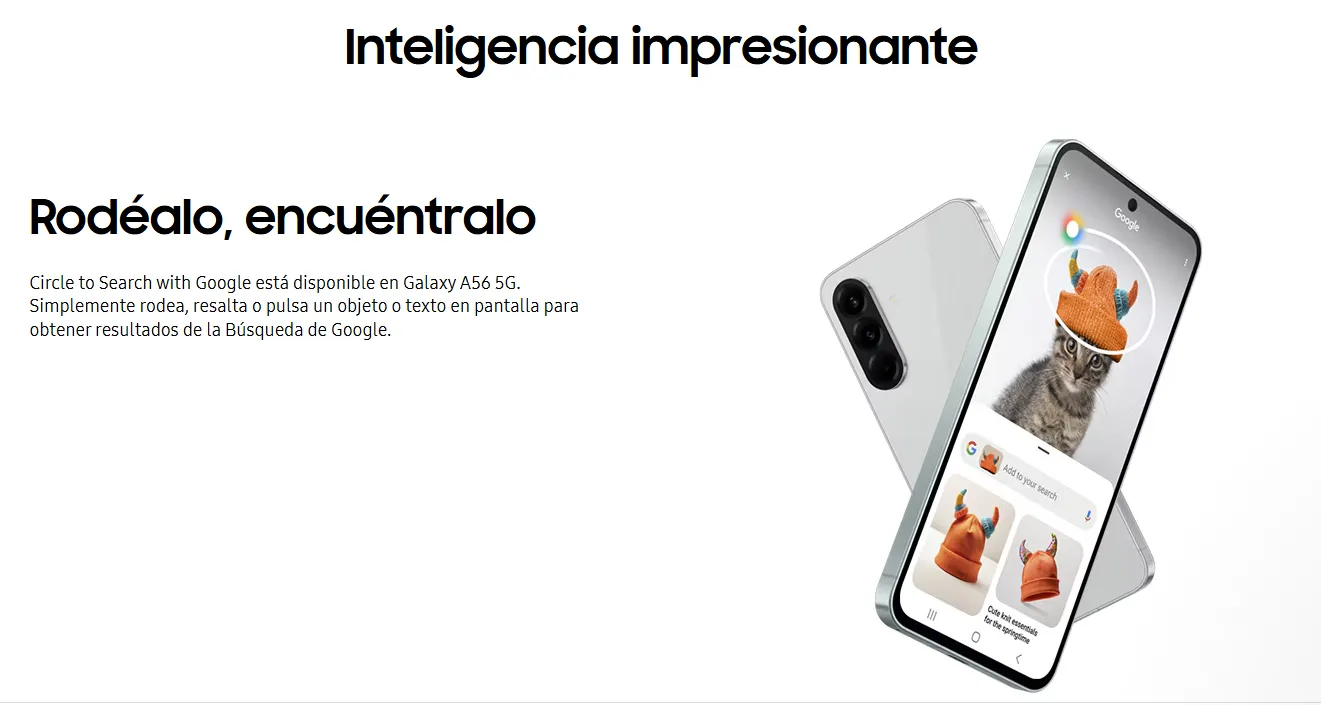 Samsung A56 es un celular actual. En la imagen se resalta su caracteristica Circle to Search 