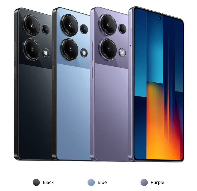 se muestran celulares Xiaomi POCO M6 Pro en negro, azul y morado