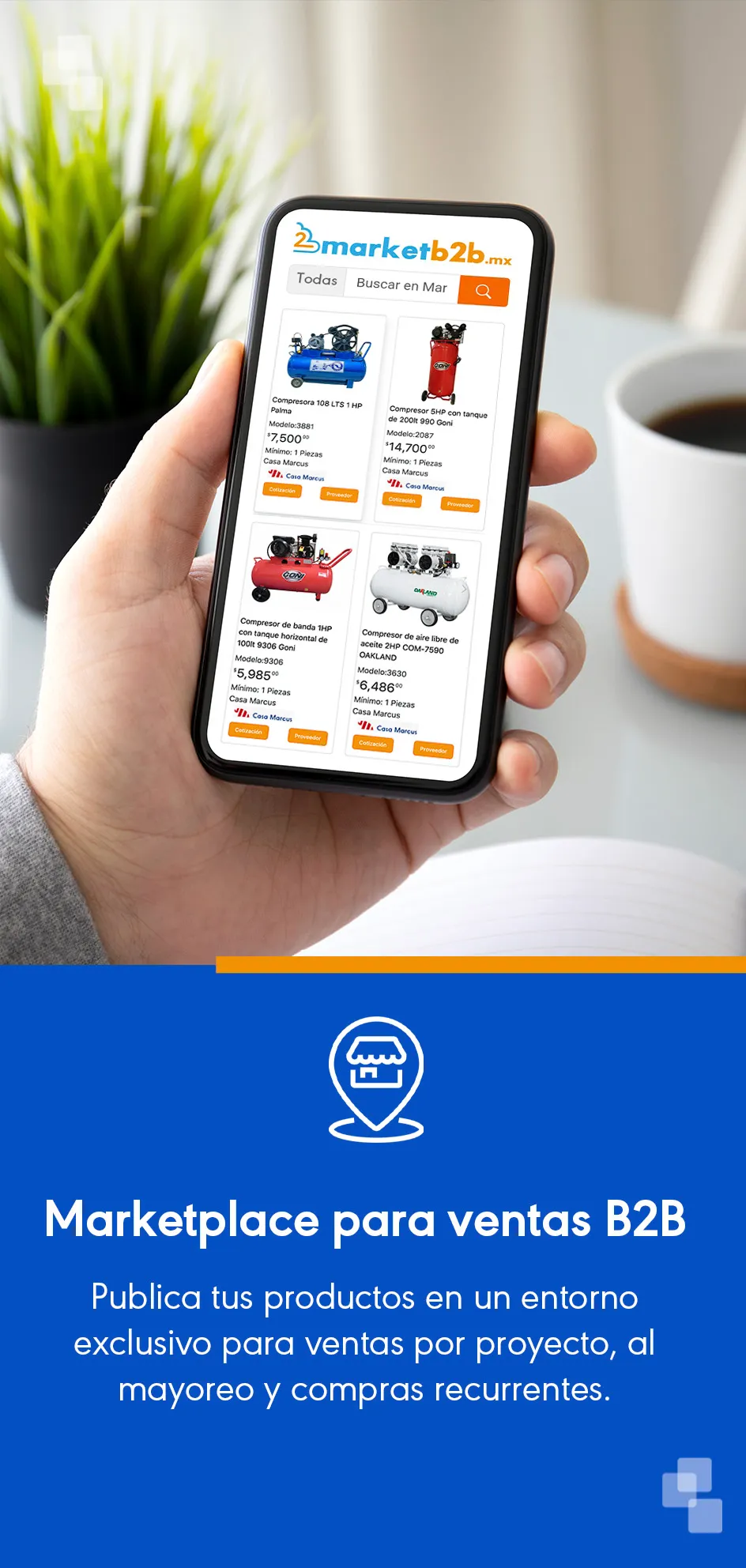 Se muestra una mano sosteniendo un celular en una pagina del marketplace marketb2b