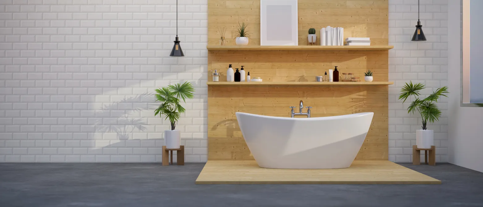 Repisas encima de una tina de baño. Baños con repisas flotantes