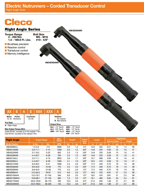 Se muestran toda una linea de atornilladores electricos y sus especificaciones técnicas de la marca CLECO