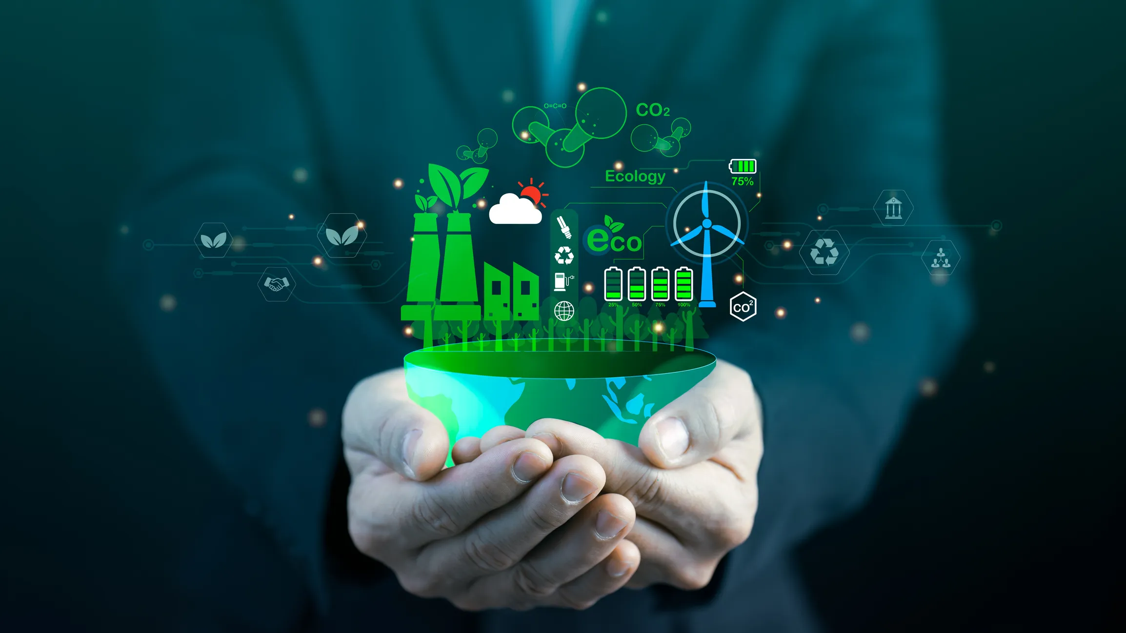 Soluciones ecológicas en desengrasantes industriales. Se muestran manos mostrando el balance para lograr una sostenibilidad.