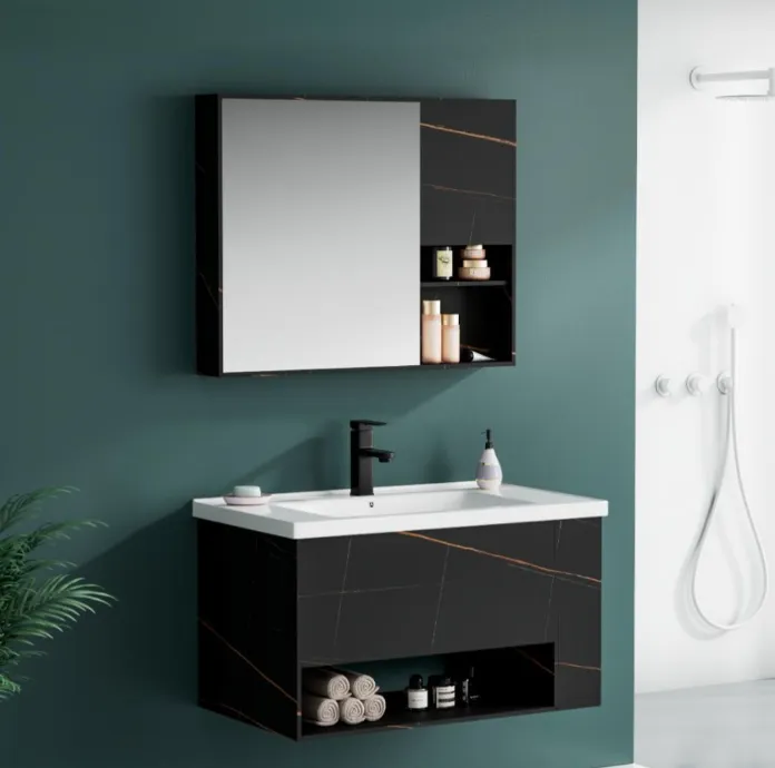 Mueble para baño moderno. Baño empotrado en madera MDF con lavabo de cerámica blanco.