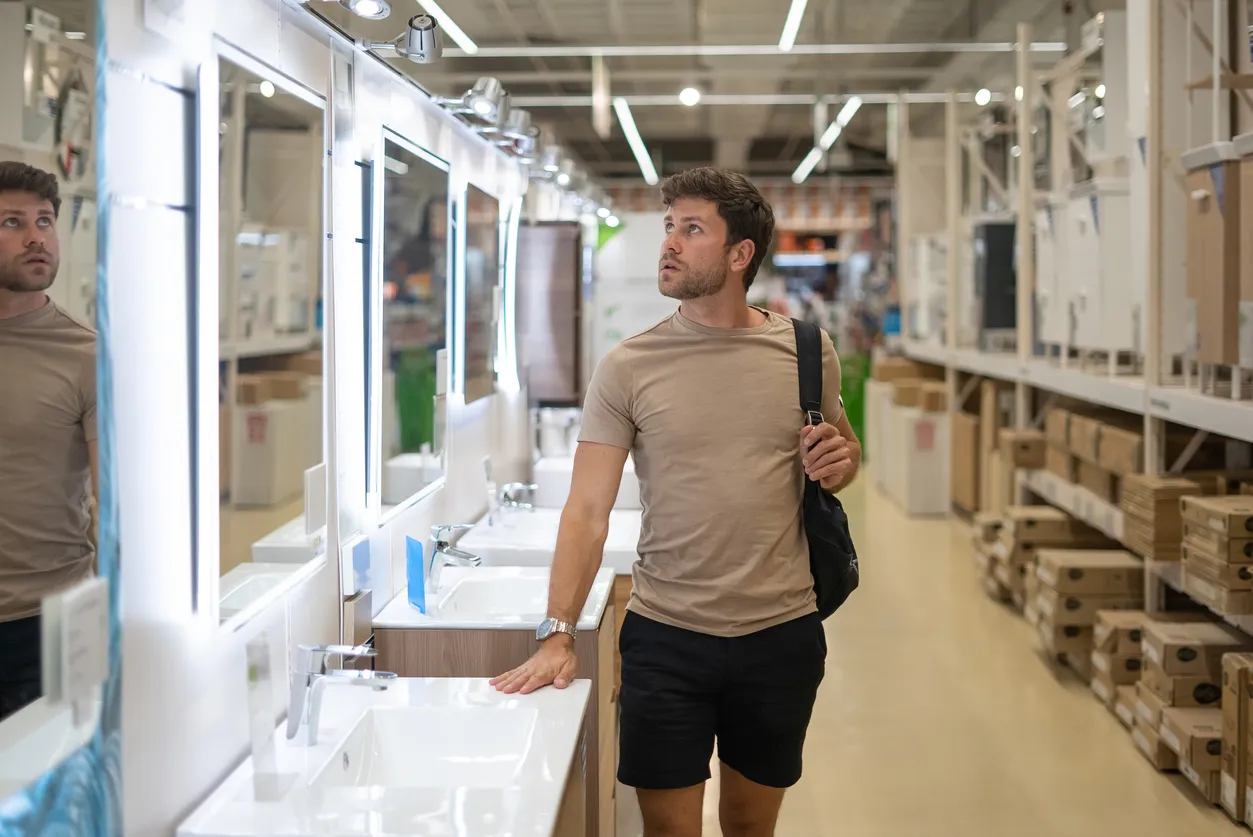 Hombre caminando en tienda de gabinetes y accesorios para baños