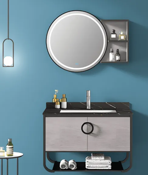 Gabinete de baño con un gran espejo redondo