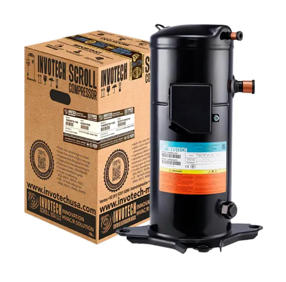 Compresor scroll Invotech YH119A7-210 de 4HP vista frontal y caja de empaque al fondo