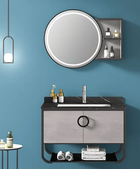 Gabinete para baño de estructura metálica resistente, lavabo de cerámica y una placa de porcelanato