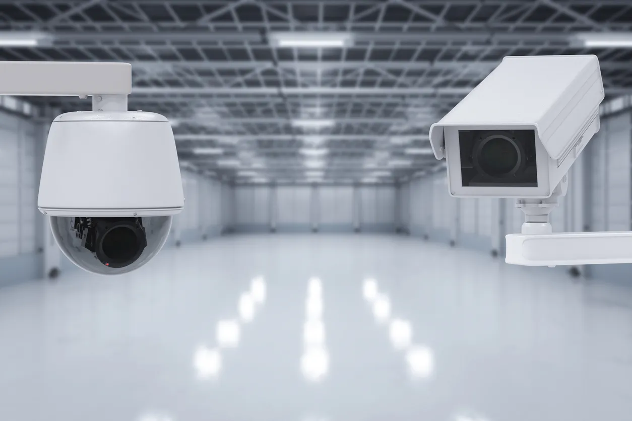 Cámara de seguridad o cámara CCTV en fábrica vacía
