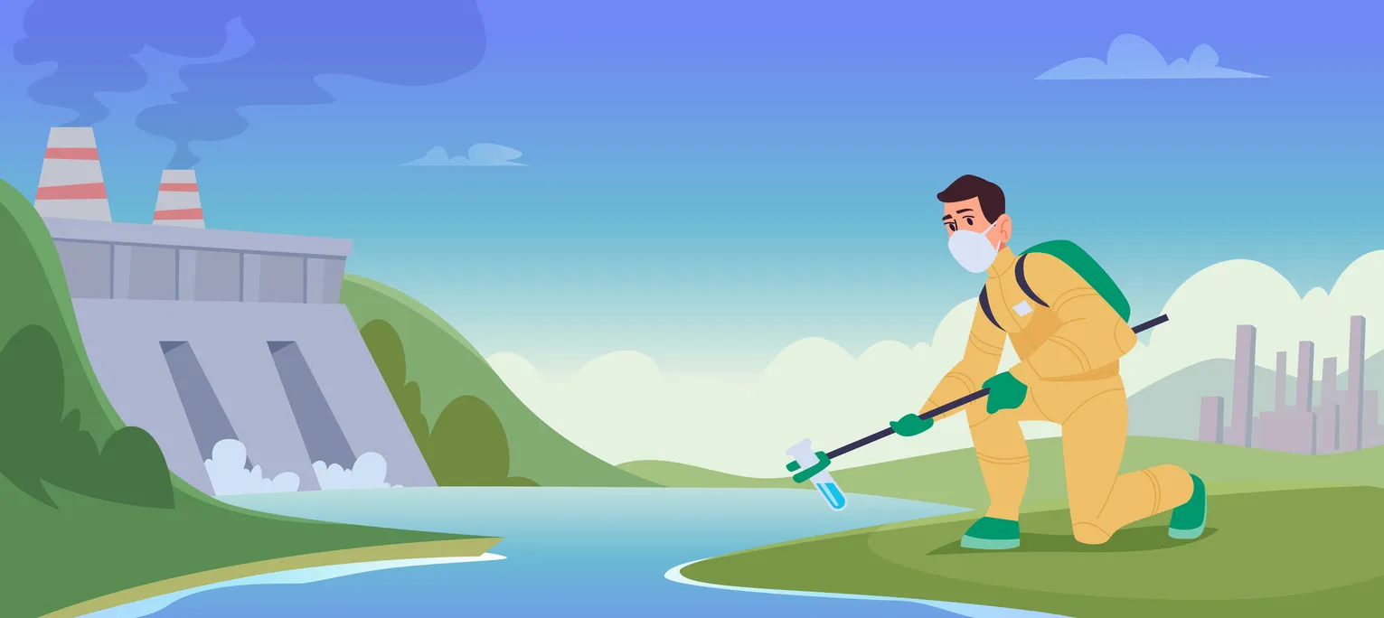 Los científicos analizan el agua. Gente en uniforme hormiga de trabajo probando aguas calidad exacta