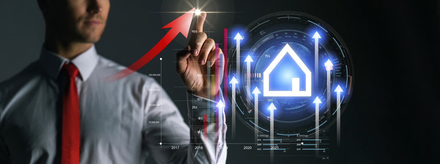 De cerca inteligente hombre de negocios mano punto gesto mostrar símbolo de la casa doble exposición con futurista icono virt