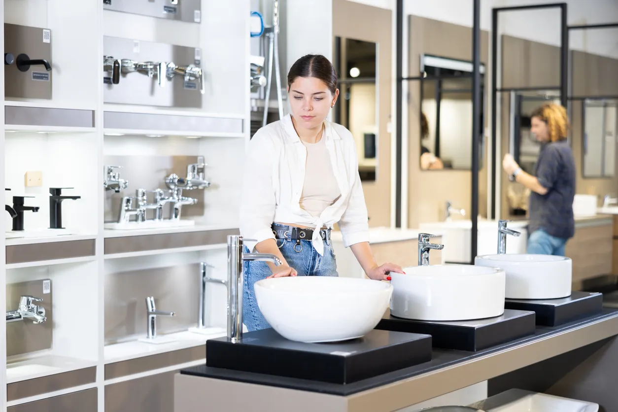 Mujer viendo las mejores opciones de accesorios para lavabos. accesorios para lavabo