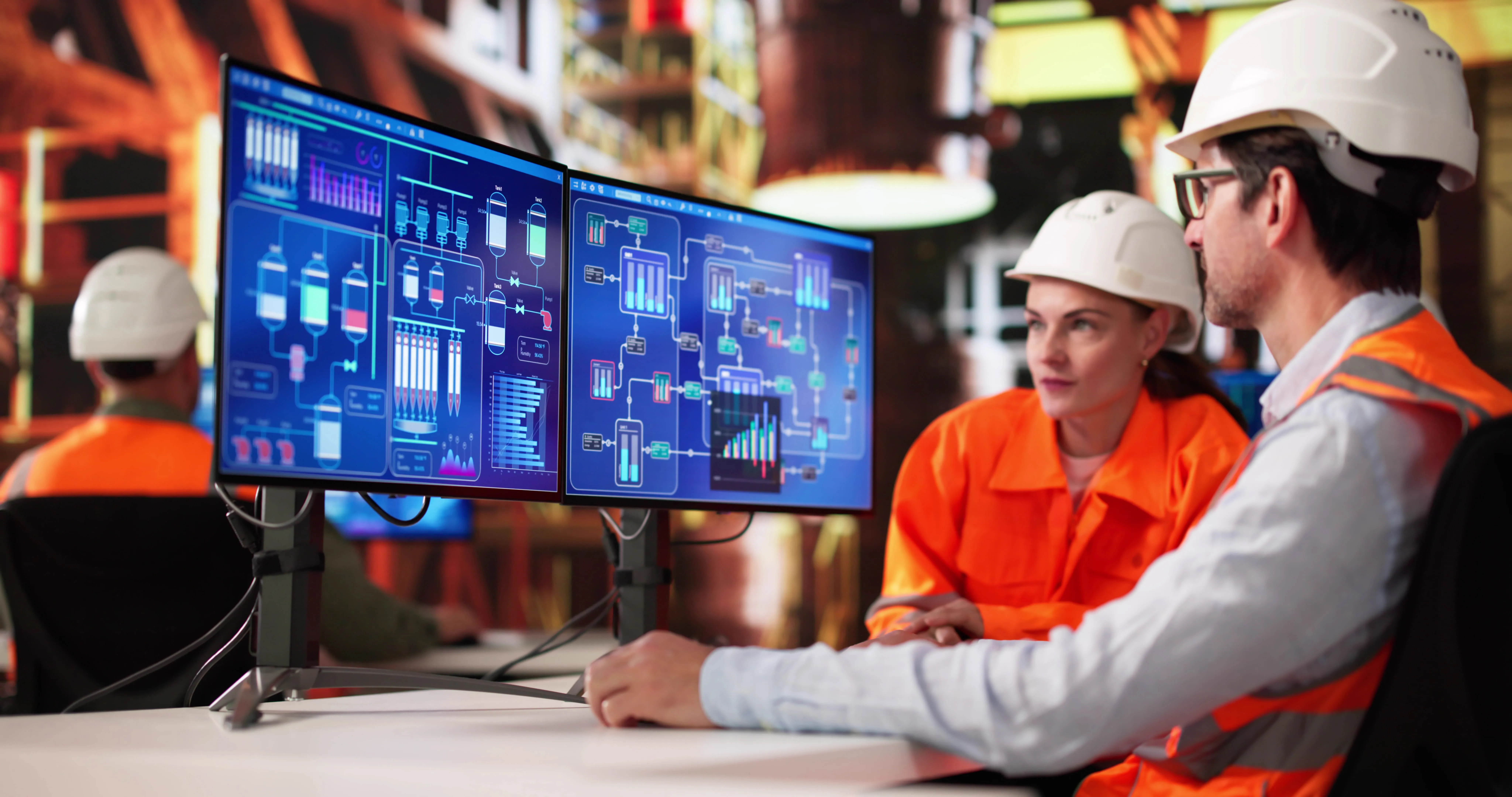 Equipo diverso de ingenieros que utiliza un sistema de control automatizado