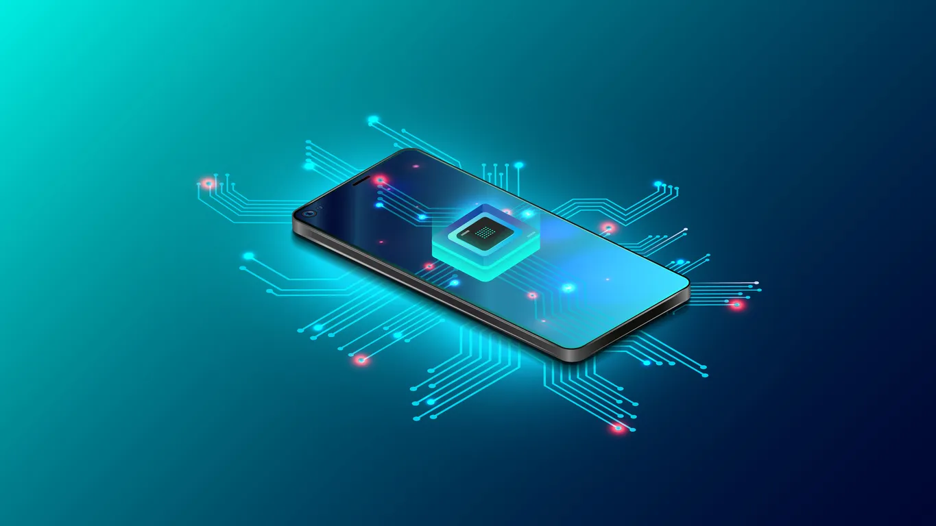 Procesador de microchip futurista con retroiluminación en el teléfono en azul