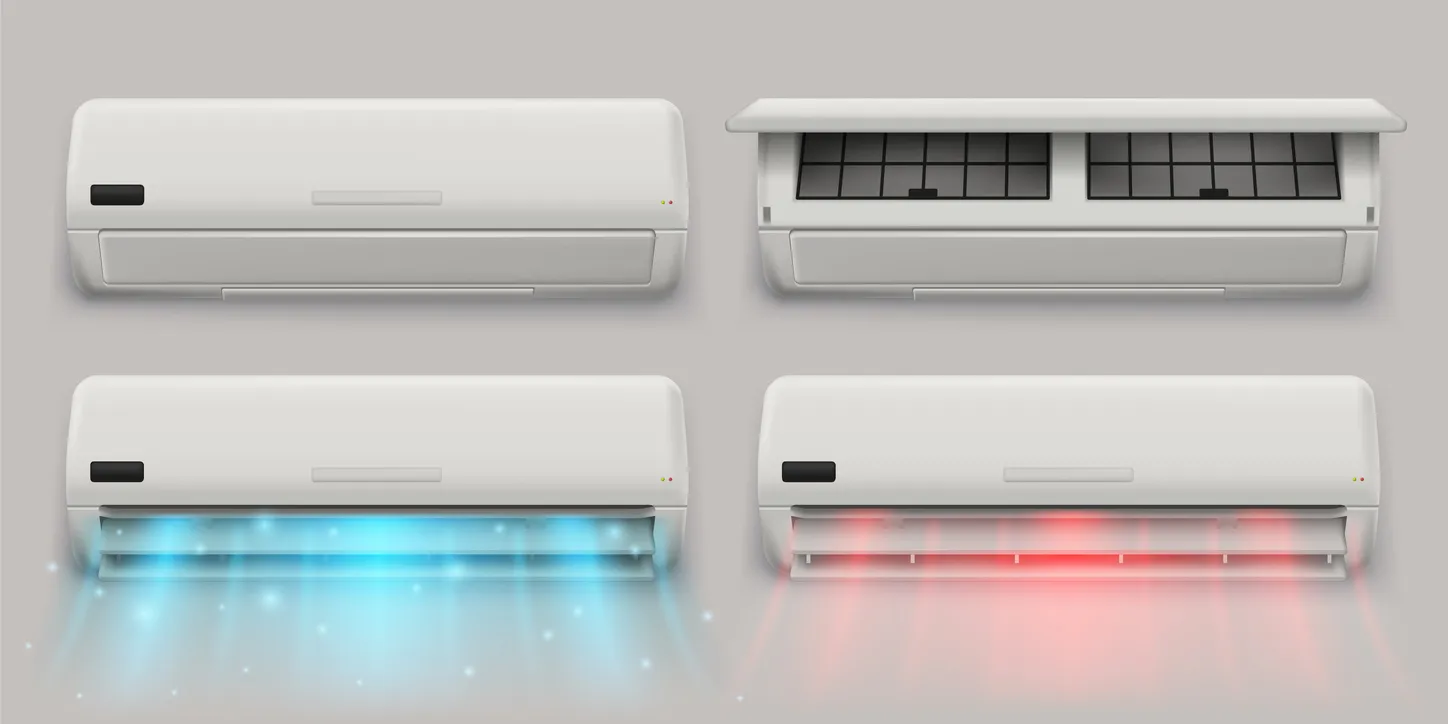 Aire acondicionado split. Dispositivo de aire acondicionado con tapa abierta, modo de espera y modo activo con flujo de aire 