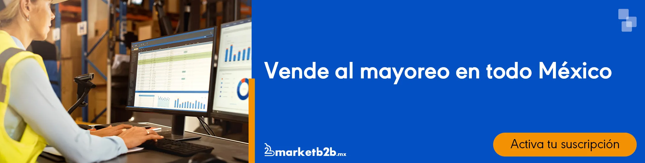 Se muestra banner con persona en almacen frente a pantalla de una computadora. 