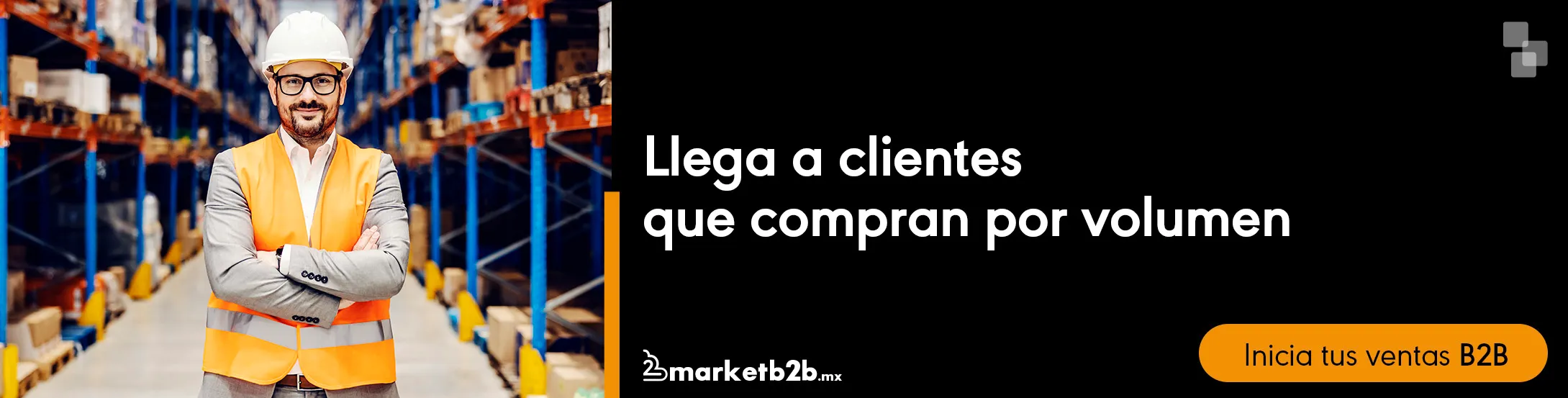 Hombre con chaleco de seguridad y caso en gran almacén, En banner de marketb2b.mx./ Representación de compras en internet