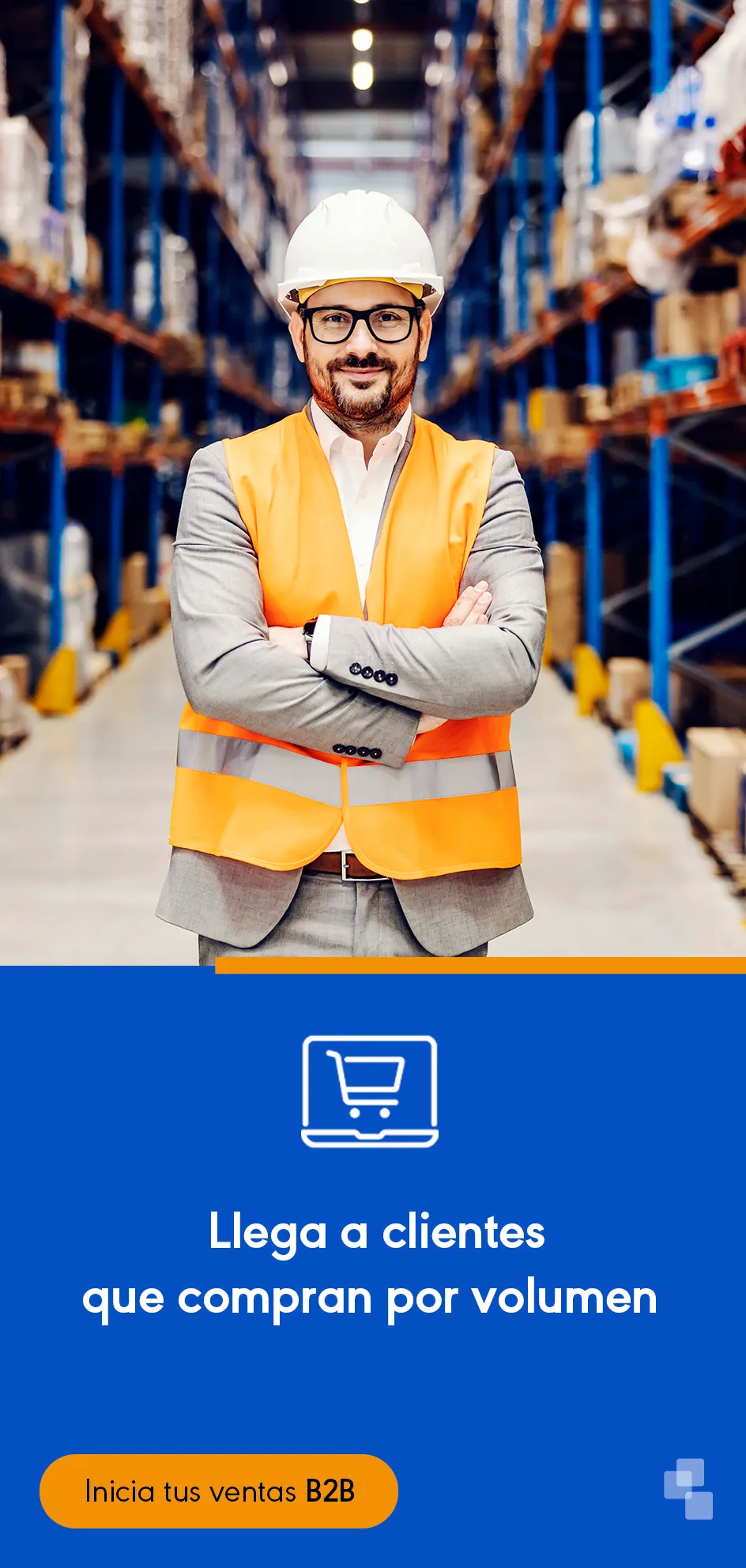 Hombre con chaleco y casco de seguridad en almacén en banner de promoción de marketb2b.mx