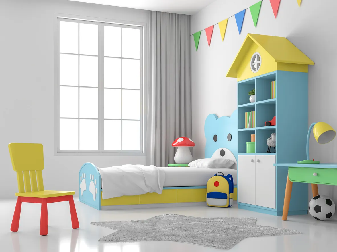 Dormitorio infantil renderizado en 3D, paredes y suelos blancos, decorado con camas con forma de oso azul y muebles coloridos