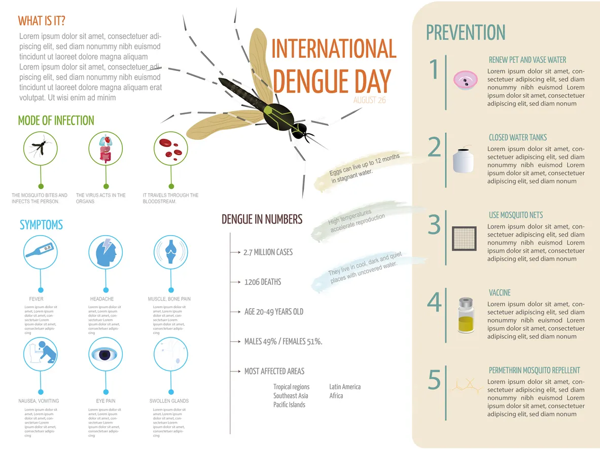 Infografía sobre el Dengue, qué es, síntomas, modo de contagio, medidas a tomar como prevención